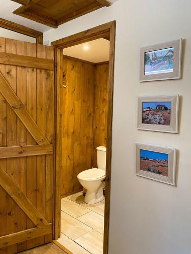 a bathroom with a toilet and a wooden door at Hayne Barn Estate 6 Luxury Lodges with private hot-tubs AND 1 studio without hot-tub in Hythe