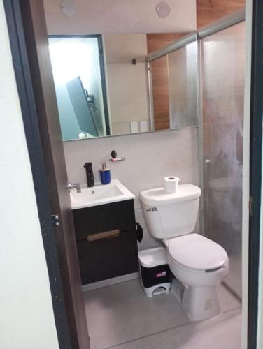 a bathroom with a toilet and a sink and a mirror at Smart Home en Tlajomulco de Zúñiga in Santa Cruz de las Flores