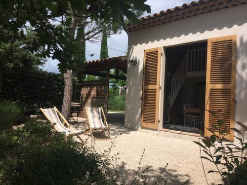 2 chaises longues assises devant une maison dans l'établissement Le clos de la Touloubre, à Aix-en-Provence