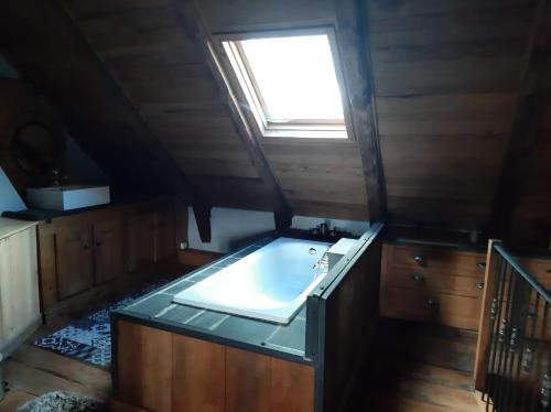 a bathroom with a sink and a window in it at Cantal maison individuelle 