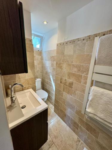 une salle de bain avec un lavabo, des toilettes et une douche dans l'établissement Maison provençale en bord de mer, à Vallauris