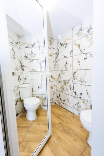 a bathroom with a toilet and a mirror at Къщата с рибките in Sinemorets