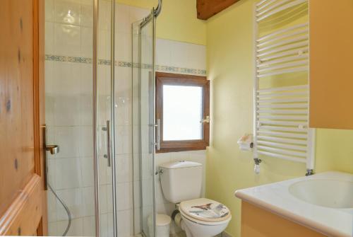 a bathroom with a toilet and a shower and a sink at L'orée du bois in Yenne