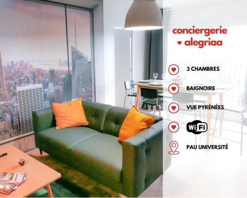 Vue dégagée Pyrénées Pau - 3 chambres 6 pers- Parking Gratuit