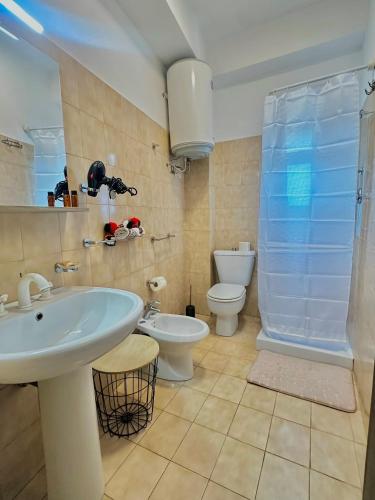 a bathroom with a sink and a toilet and a shower at Sunflower apartment in Taormina