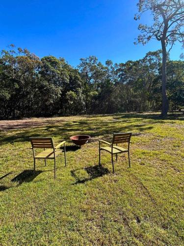 two benches sitting in the grass in a field at Bush by the Bay by Tiny Away in River Heads