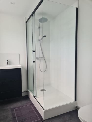 une douche en verre dans une salle de bain avec un lavabo dans l'établissement Ferme Côte Opale, plage 6 min, à Tardinghen