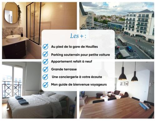 eine Collage mit vier Bildern von einem Schlafzimmer und einem Zimmer in der Unterkunft T3 en face de la gare, Terrasse-Rooftop, Parking in Houilles