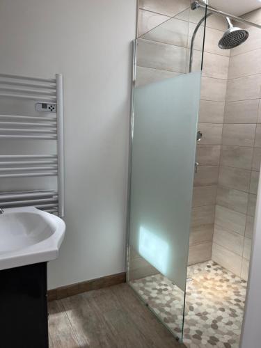 une douche avec une porte vitrée à côté d'un lavabo dans l'établissement Petit Paradis, à Sarlat-la-Canéda