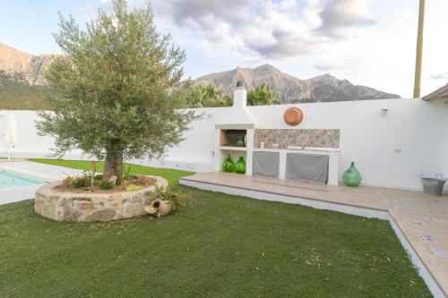 a house with a tree in the middle of a yard at Dimora S'Ena Manna in Oliena