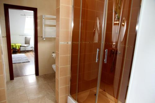 a shower with a glass door in a bathroom at Pensjonat E&M in Mikołajki