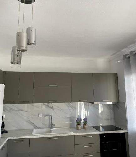 a kitchen with gray cabinets and a sink at Isolde Apartment in Kallithea Halkidikis