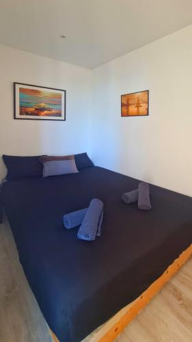 - un grand lit bleu avec deux oreillers dans l'établissement T2 121 Promenade Vue Mer Clim et Balcon, à Nice