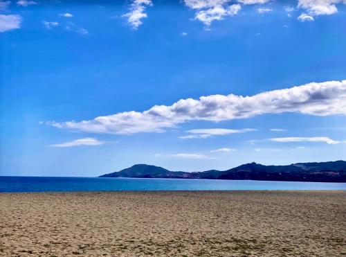 - une plage avec un ciel bleu et l'océan dans l'établissement Appartement avec garage le boulou pour cures ou vacances, au Boulou