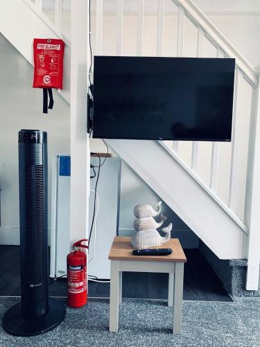a living room with a television and a table with a fire extinguisher at Holm Cottage near Charlestown in St Austell