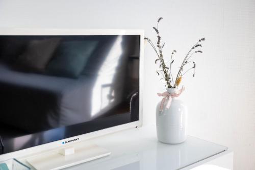 un vase blanc avec des fleurs à côté d'une télévision dans l'établissement LES MARAICHERS, à Strasbourg