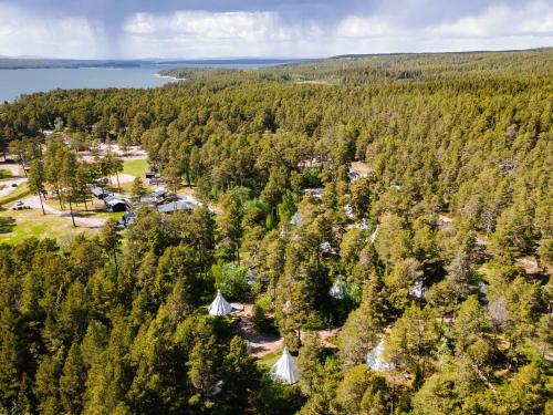 an aerial view of a forested area with a lake at Holiday Home Himla by Interhome in Hudiksvall