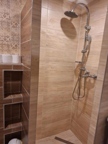 a shower with a glass door in a bathroom at Chata Mária in Bojná