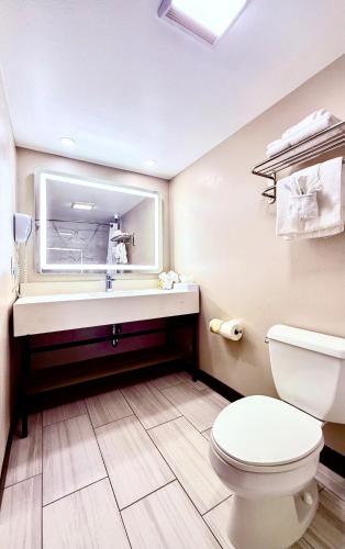 a bathroom with a toilet and a sink at Days Inn by Wyndham Los Angeles LAX South Bay Beach City LA in Lawndale