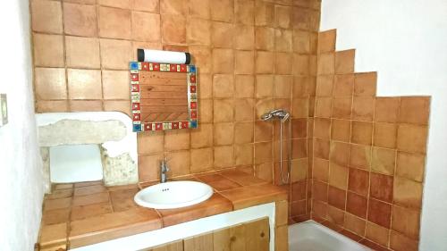 a bathroom with a sink and a shower and a tub at La petite maison aux lézards in Le Garn