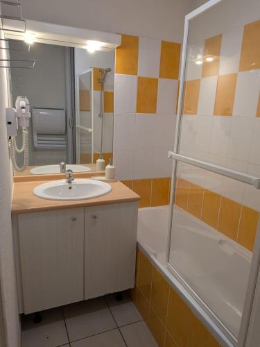 une salle de bain avec un lavabo et une douche dans l'établissement Les Balcons de La Neste - Appt 5-6 pers, Balcon et Vue Montagne, à Arreau