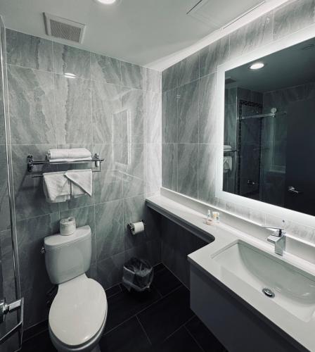 a bathroom with a toilet and a sink and a mirror at Capital Hotel Long Island City in Queens