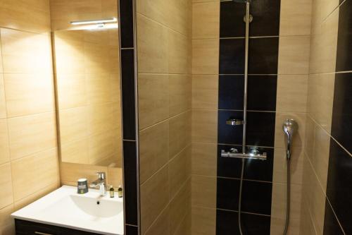 a bathroom with a shower and a sink at Logis Hotel Au Rendez-vous des Chasseurs in Noirétable