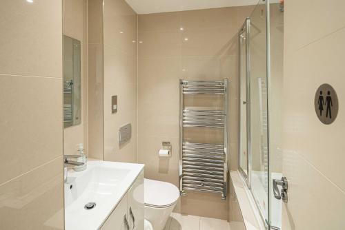 a bathroom with a toilet and a sink and a shower at SE10 House in London