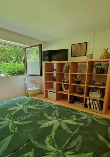 une chambre avec un lit et une étagère dans l'établissement Le Camélia, à Vaux-le-Pénil