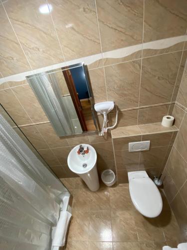 a small bathroom with a toilet and a sink at Hotel Windsor in Brussels