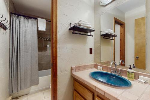 a bathroom with a blue sink and a shower at Timbers Five in Angel Fire