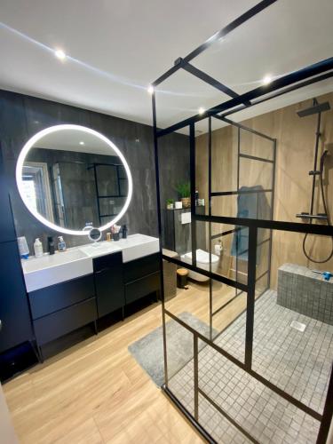 une salle de bain avec un lavabo et un miroir dans l'établissement Nice Ouest-Splendide 3p, Roof-Terrace Panoramic Sea View, à Nice