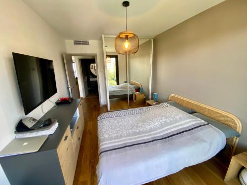 une chambre avec un grand lit et une télévision dans l'établissement Nice Ouest-Splendide 3p, Roof-Terrace Panoramic Sea View, à Nice