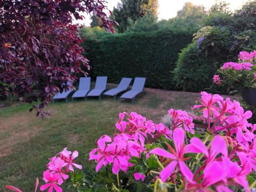 deux bancs bleus dans un jardin avec des fleurs roses dans l'établissement Gite Au Nom Des Dames, à Faverolles-sur-Cher