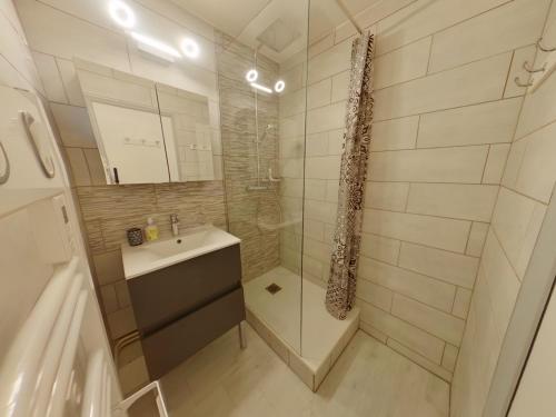 ein kleines Badezimmer mit Waschbecken und Dusche in der Unterkunft Appartement 2 chambres avec balcon près des pistes aux Rousses - FR-1-834-2 in Les Rousses