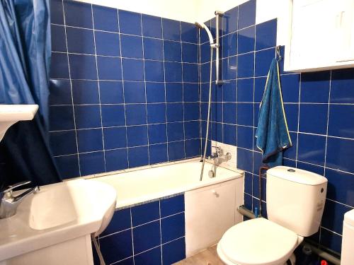 La salle de bains est pourvue de carrelage bleu, de toilettes et d'un lavabo. dans l'établissement Appartement T2 à 4 min de la plage avec terrasse spacieuse - FR-1-309-521, à Banyuls-sur-Mer