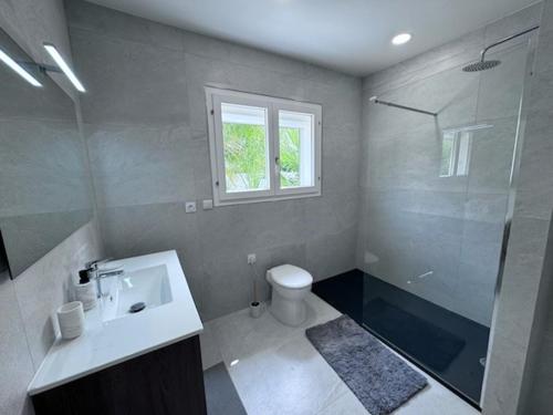 une salle de bain avec toilettes, lavabo et douche dans l'établissement Maison spacieuse avec piscine privée – Idéale pour familles - FR-1-732-109, à Latour-Bas-Elne
