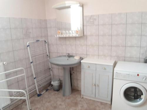 une salle de bain avec un lavabo et une machine à laver dans l'établissement Gîte rénové dans le calme des Vosges du Sud - FR-1-583-485, à La Vaivre