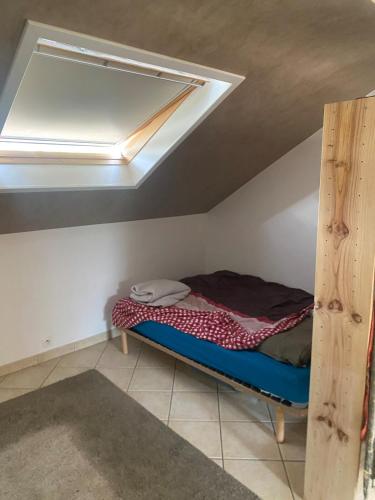 Ce lit se trouve dans un dortoir doté d'une lucarne. dans l'établissement Appartement ben, à Cluses
