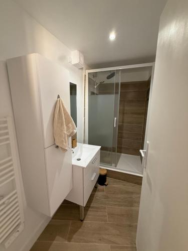 une salle de bain blanche avec un lavabo et une douche dans l'établissement Au coeur de la Provence - séjour cosy, à Barjols