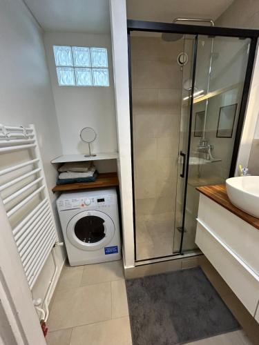 une machine à laver dans une salle de bain avec douche dans l'établissement Cosy studio Paris 15, à Paris