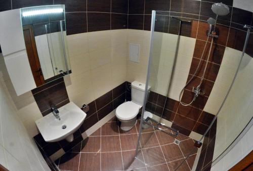 ein Bad mit einem WC, einem Waschbecken und einer Dusche in der Unterkunft Villa Pirin in Simitli