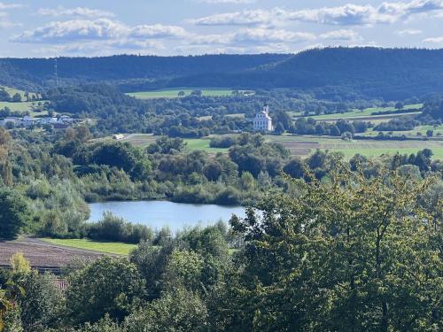 a view of a lake with a castle in the distance at Alte Rose Gasthaus in Ebelsbach