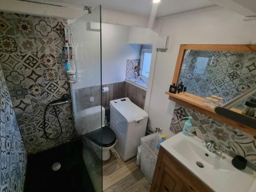 une salle de bain avec une douche, des toilettes et un lavabo dans l'établissement Penty près de la mer, à Combrit