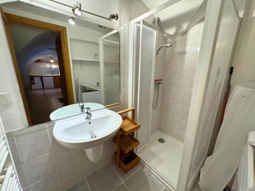 une salle de bain avec un lavabo et une douche dans l'établissement Charmant 3P à 4km des pistes avec Wifi à Saint-Martin-de-Belleville - FR-1-452-388, à Saint-Martin-de-Belleville