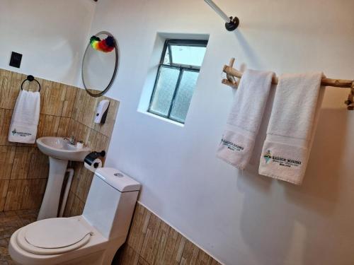 a bathroom with a toilet and a sink and towels at Kalluchi Ecolodge-Sun Island Titicaca Lake BOLIVIA in Comunidad Yumani