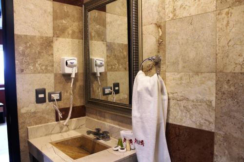 a bathroom with a sink and a mirror and a towel at Hotel Leones in Puebla