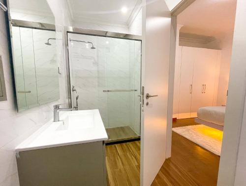 亚的斯亚贝巴Elegant 3Br Oasis in Heart of Addis Ababa的带水槽和淋浴的浴室