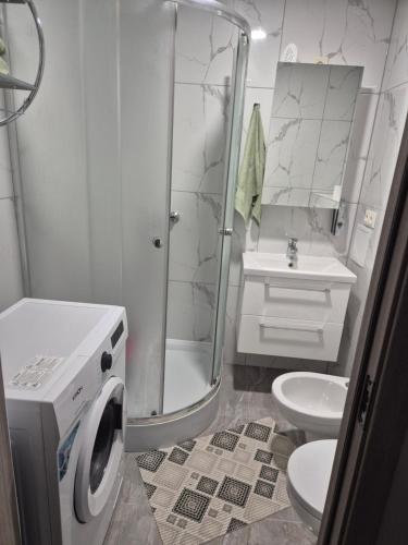 a bathroom with a shower and a toilet and a sink at Jaudas Apartment in Madona