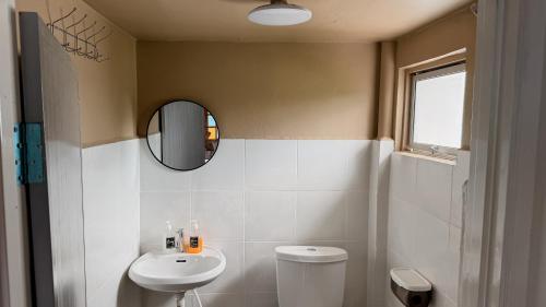 a bathroom with a sink and a toilet and a mirror at Kampung Nature Stilt House with Paddy Field View in Balik Pulau